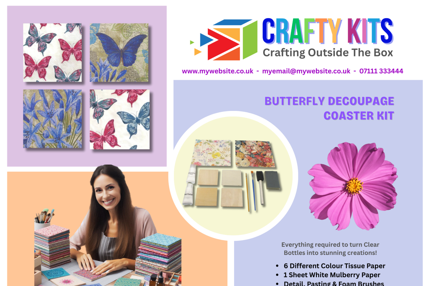 Crafty Kits advertisement featuring butterfly-themed decoupage coaster kit and a smiling woman.