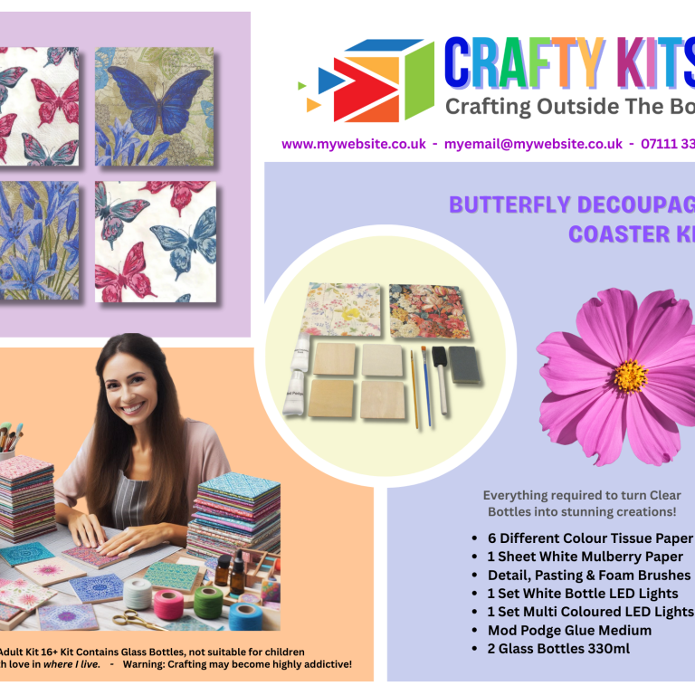 A woman smiles while showcasing a butterfly decoupage kit for crafting coasters.