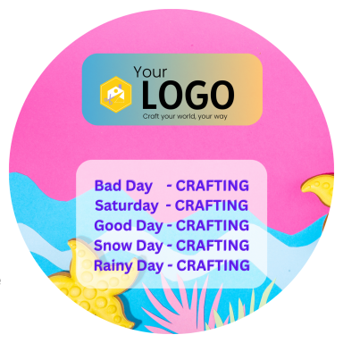 Colourful circular graphic with a logo and text listing crafting activities for various days.