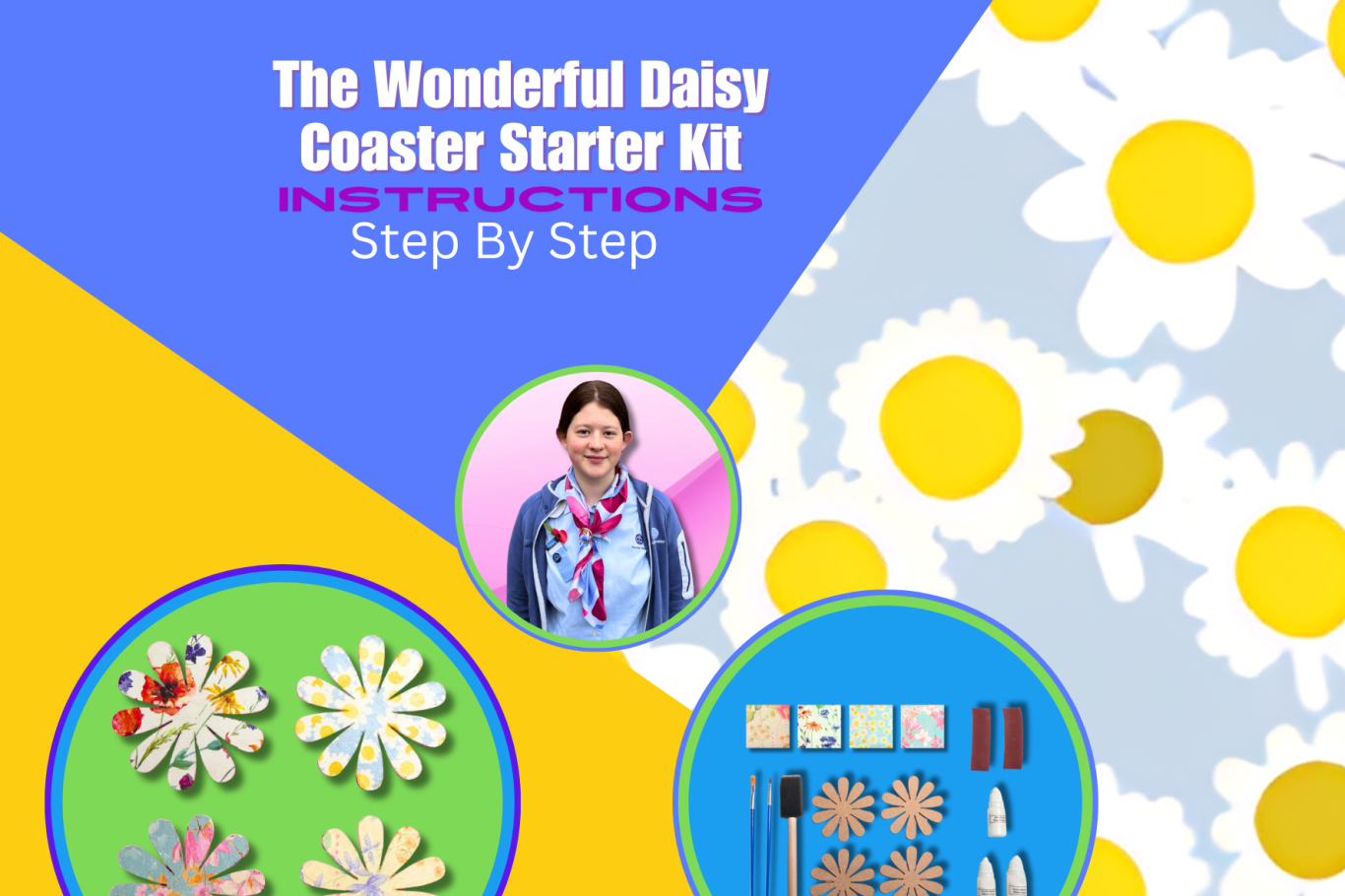 Instructions for the Wonderful Daisy Coaster Starter Kit with colourful craft materials.