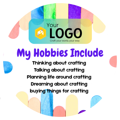 Logo at top with colourful background; text lists hobbies related to crafting.