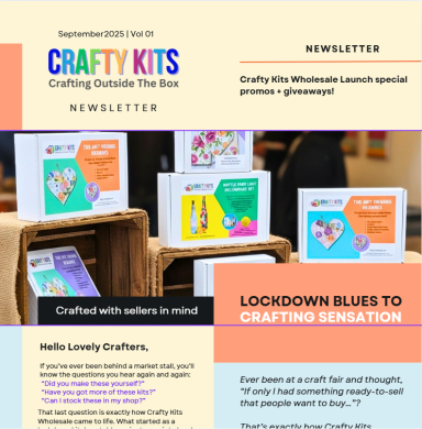 Newsletter layout featuring crafting kits with vibrant packaging and promotional highlights.