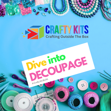 Colourful crafting supplies and a bold "Dive into DECOUPAGE" invitation.
