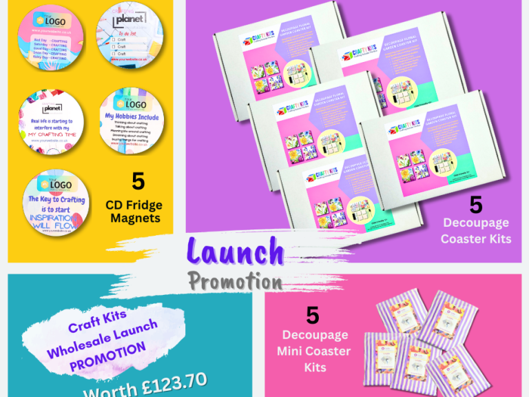Promotion for desktop kits and fridge magnets, featuring vibrant packaging and product details.