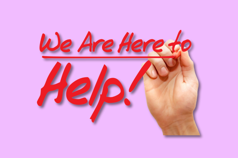 Hand writing "We Are Here to Help!" in red on a purple background.