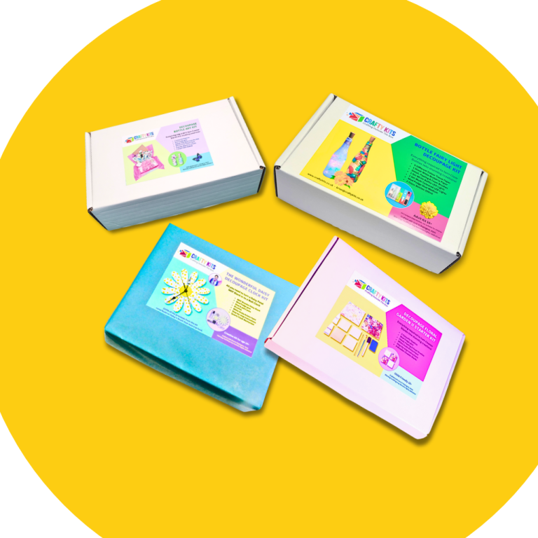 Four colourful boxes with various designs on a bright yellow background.