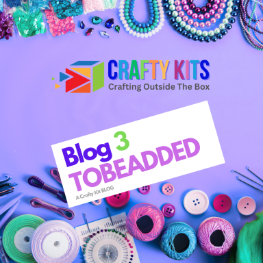 Colourful crafting supplies and beads arranged on a purple background with blog title.