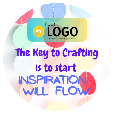 Text promoting crafting inspiration with a colourful background and a logo at the top.