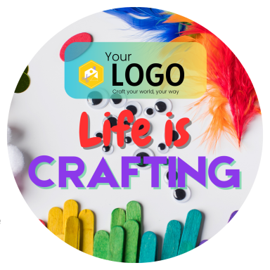 Colourful crafting materials with the text "Life is CRAFTING" and a logo at the top.