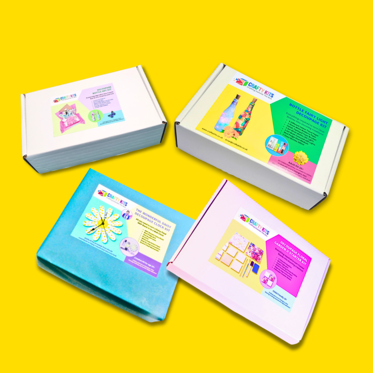 Four brightly coloured gift boxes with playful designs on vibrant yellow background.