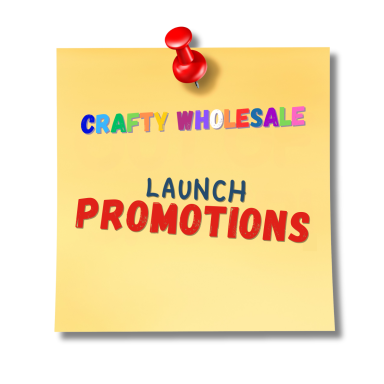 Sticky note with "Crafty Wholesale" and "Launch Promotions" in bright colours.