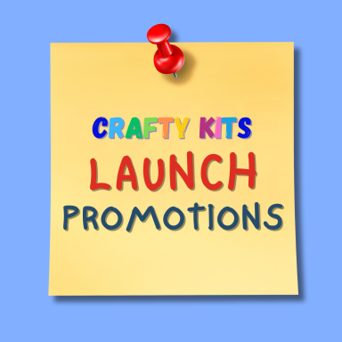 Colourful notice board with a pinned yellow paper announcing "Crafty Kits Launch Promotions."
