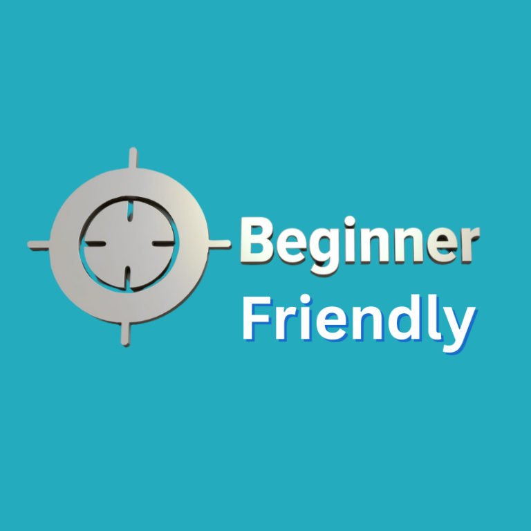 Logo featuring the text "Beginner Friendly" with a target symbol on a teal background.