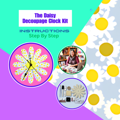 Daisy decoupage clock kit instructions with floral design and crafting materials shown.