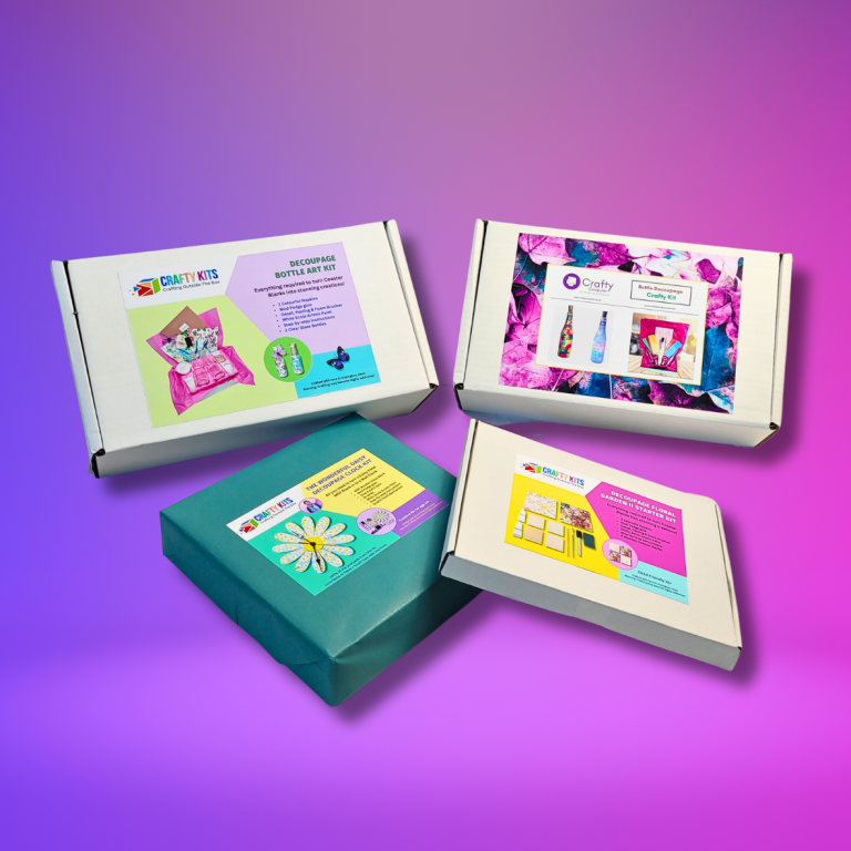 Four brightly coloured boxes with various designs and labels on a gradient background.