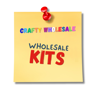 Sticky note with "Crafty Wholesale" in colourful letters and "Wholesale Kits" in bold red.