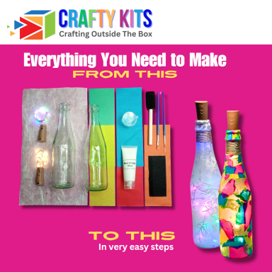 Craft supplies and materials for creating decorative bottles.