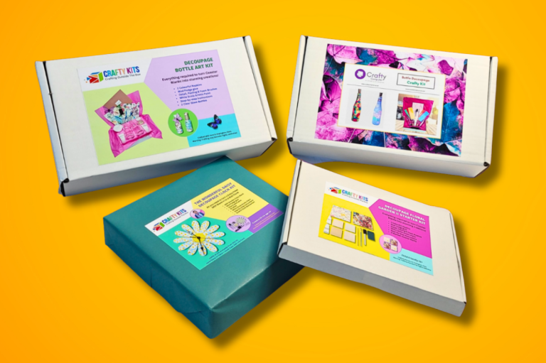 Four colourful boxes with creative designs on a bright yellow background.
