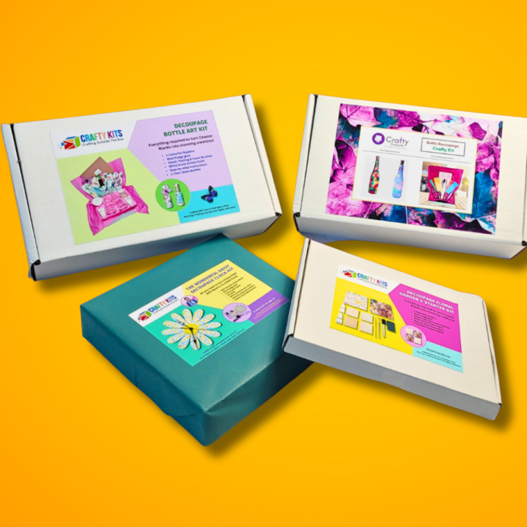 Four colourful product boxes with various designs against a bright yellow background.